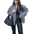 2025 new european and american style women's casual color block stand collar single-breasted large pocket loose fit comfortable long sleeve jacket
