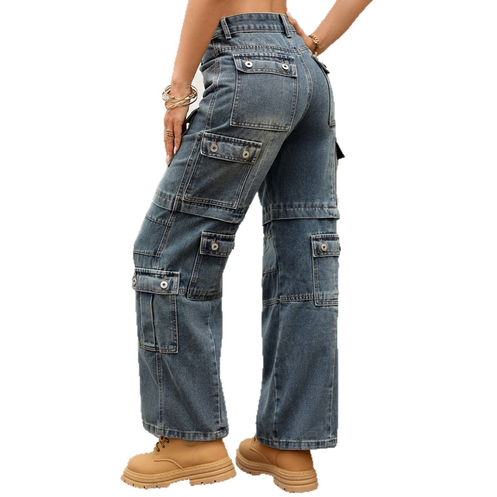 Fashion cross-border foreign trade  heavy industry multi-pocket washed high waist wide leg pants loosemop denim women's pants