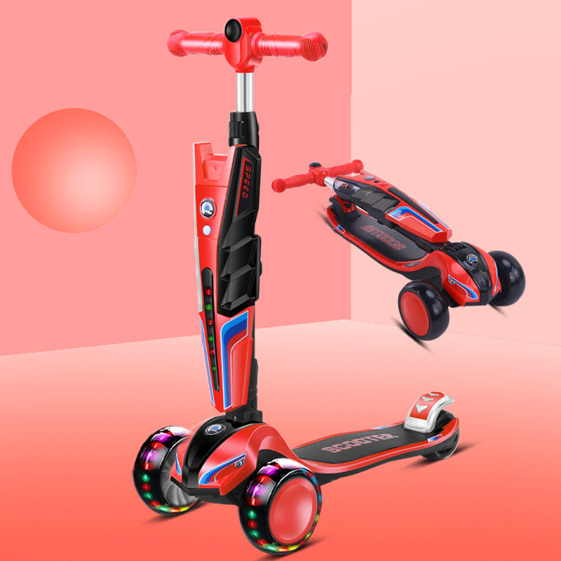 Children's four-wheel flash scooter, adjustable height 2-6 years old children's toy scooter one-click folding car