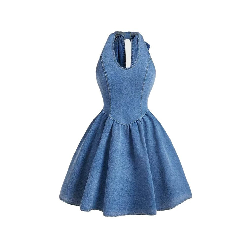 Fashion cross-border export  denim dress women's bows suspender tutu skirt fashion waist skirt women
