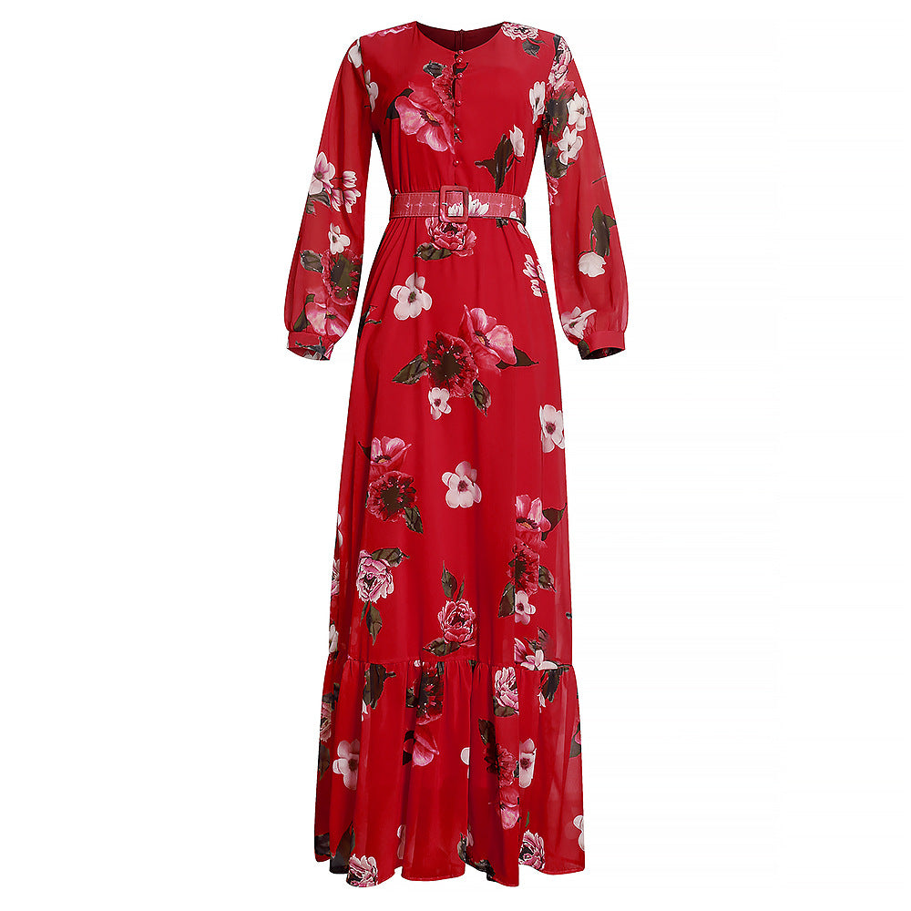 women's plus size cross-border e-commerce new v-neck long sleeve maxi chiffon african print dress with belt