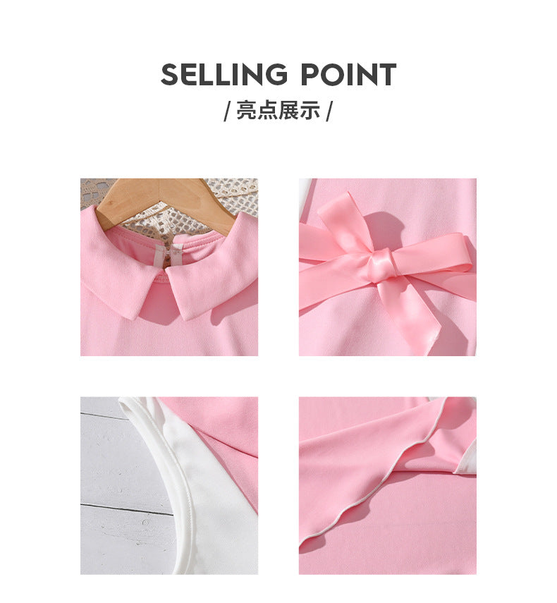 Exportsummergirldress pink and white vertical strip patchwork sleeveless lapel waist large hem long skirt kids princess dress