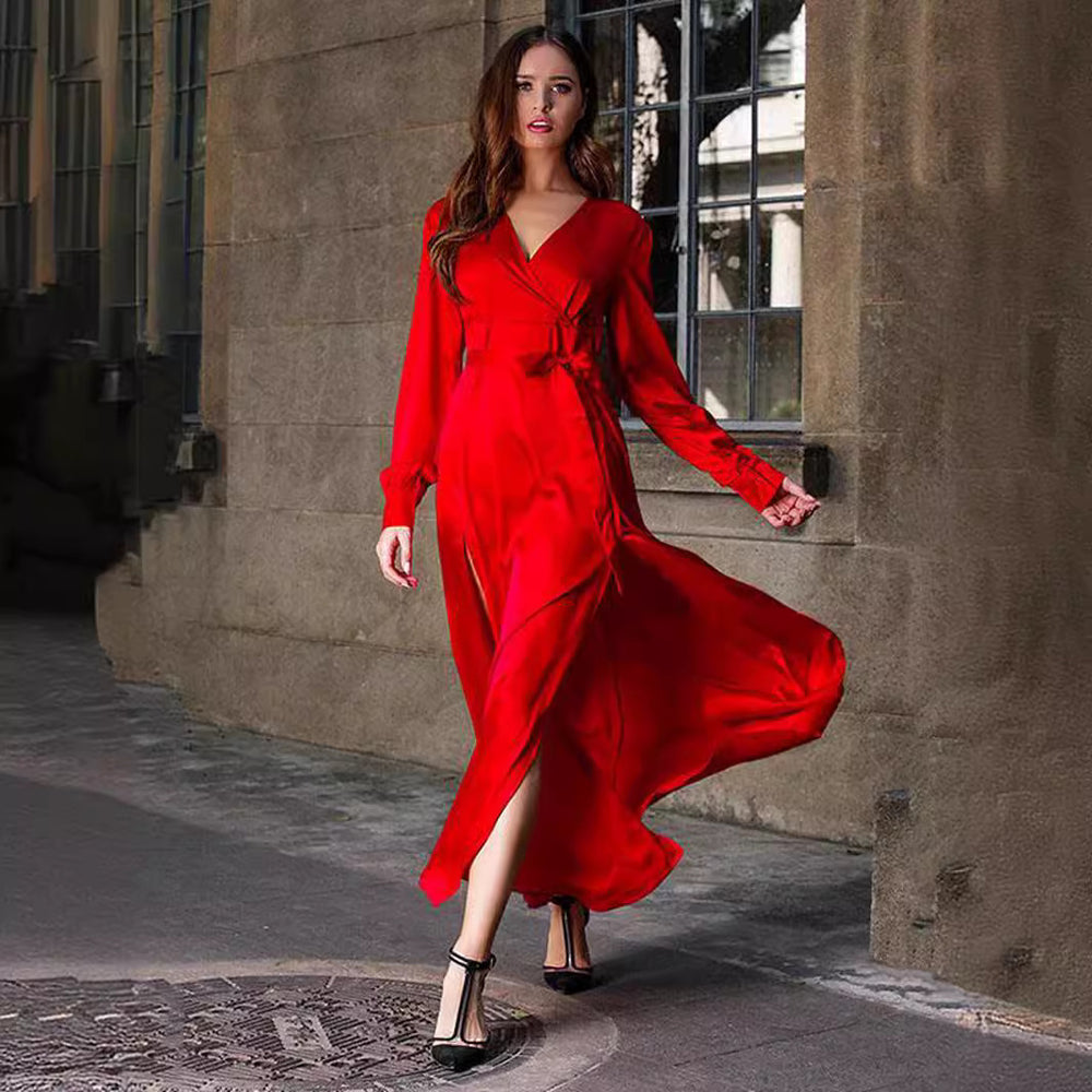 summer new arrivals: european and american style women's deep v-neck elegant patchwork slit maxi dress - solid color