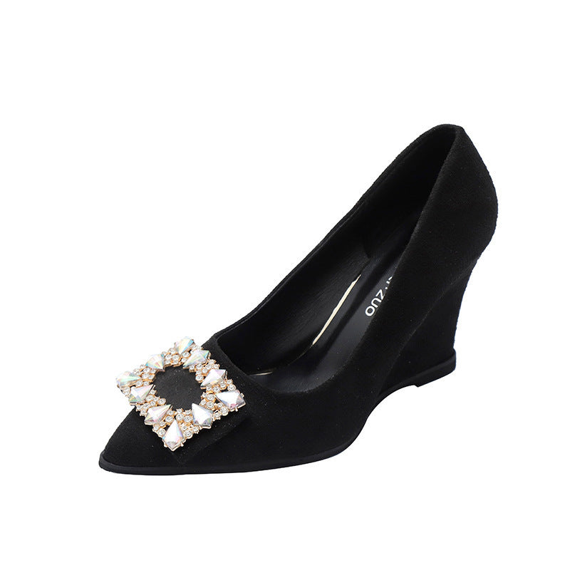 2025 new pointed-toe black heels with square buckle and rhinestone embellishments - french style, stiletto heel, elegant and versatile pumps