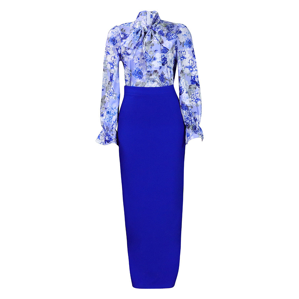 D323 european and american clothing  new fashion printed tie-up long sleeve shirt and midi skirt two-piece set - cross-border