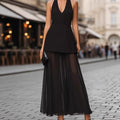 european and american cross-border women's fashion: chic v-neck sleeveless halter backless top with high-waisted mesh midi skirt set