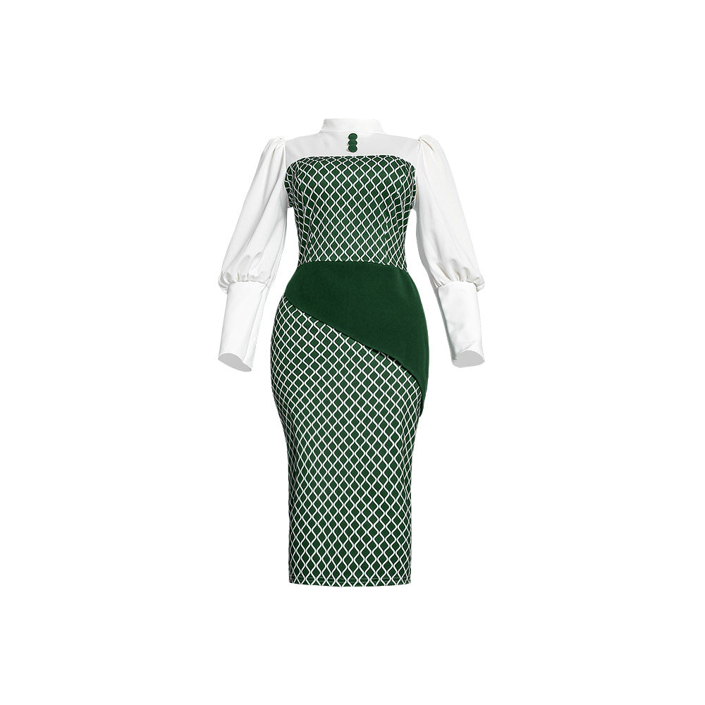 African foreign trade  hot-selling women's fashion plaid patchwork bodycon pencil skirt ol daily commute dress
