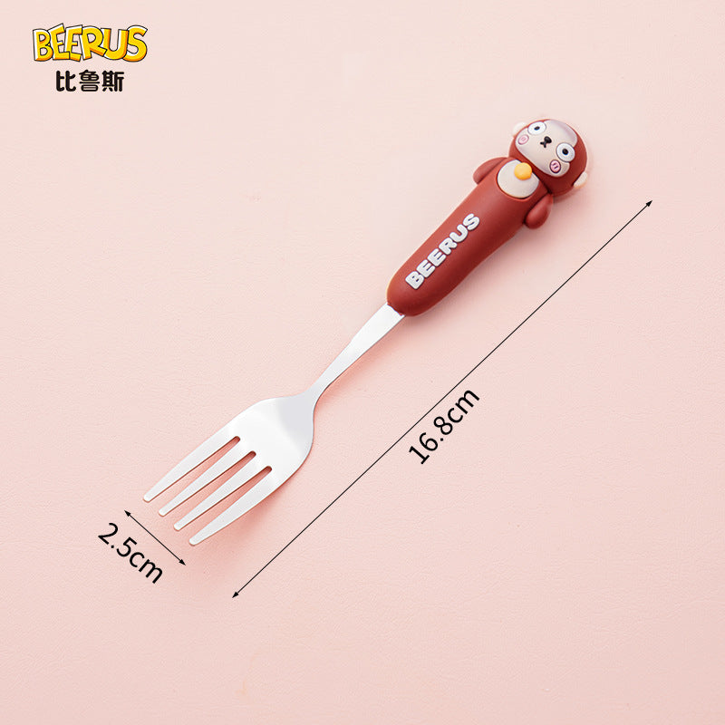 High-quality, adorable cartoon children's cutlery set featuring a cute bear design. includes a fork, spoon, and is perfect for school lunches. made of durable silicone, these portable forks and spoons are available for wholesale