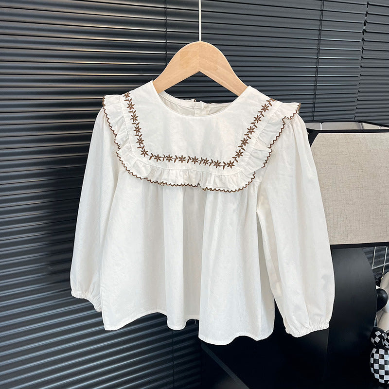 Girls' korean style all-season fashionable and versatile two-tone embroidered floral shirt - trendy, popular, and refreshing top