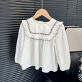 Girls' korean style all-season fashionable and versatile two-tone embroidered floral shirt - trendy, popular, and refreshing top