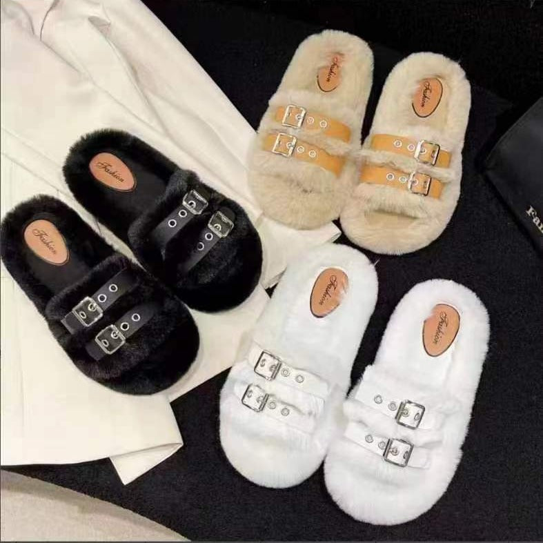 Furry slippers for women outwearfall and winter indoor home belt buckle popularplus sizethick solestuffed velvet cotton slippers trendy