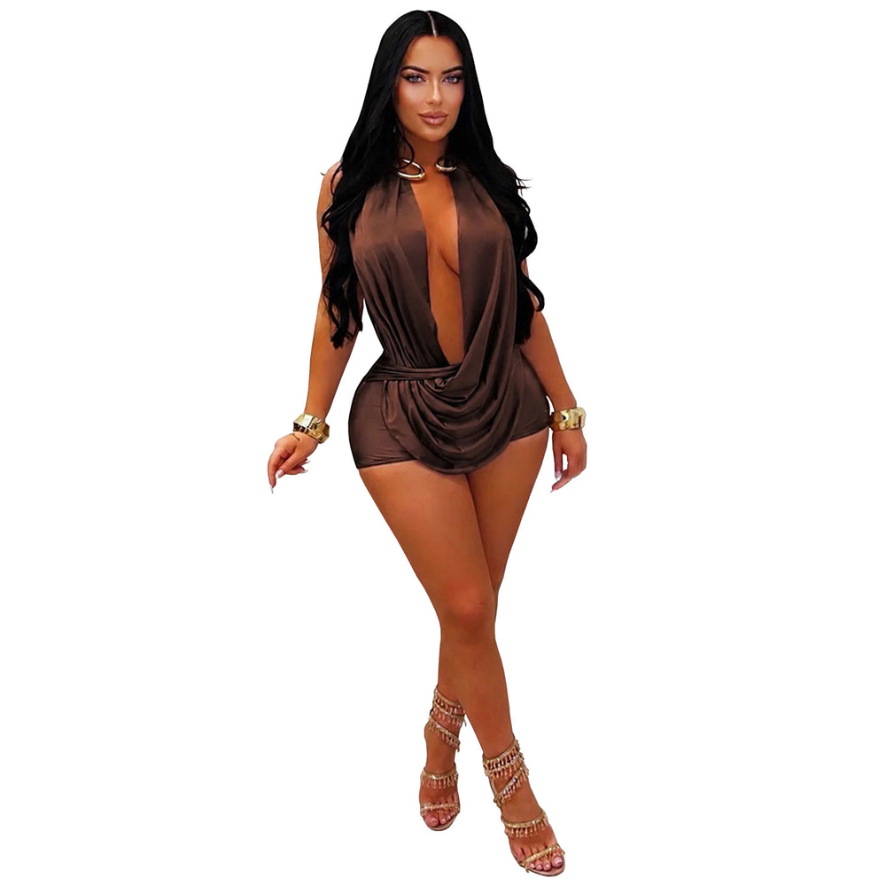 C7798 cross-border  new women's sexy halter deep v waist-cinching shorts nightclub party tie-up jumpsuit