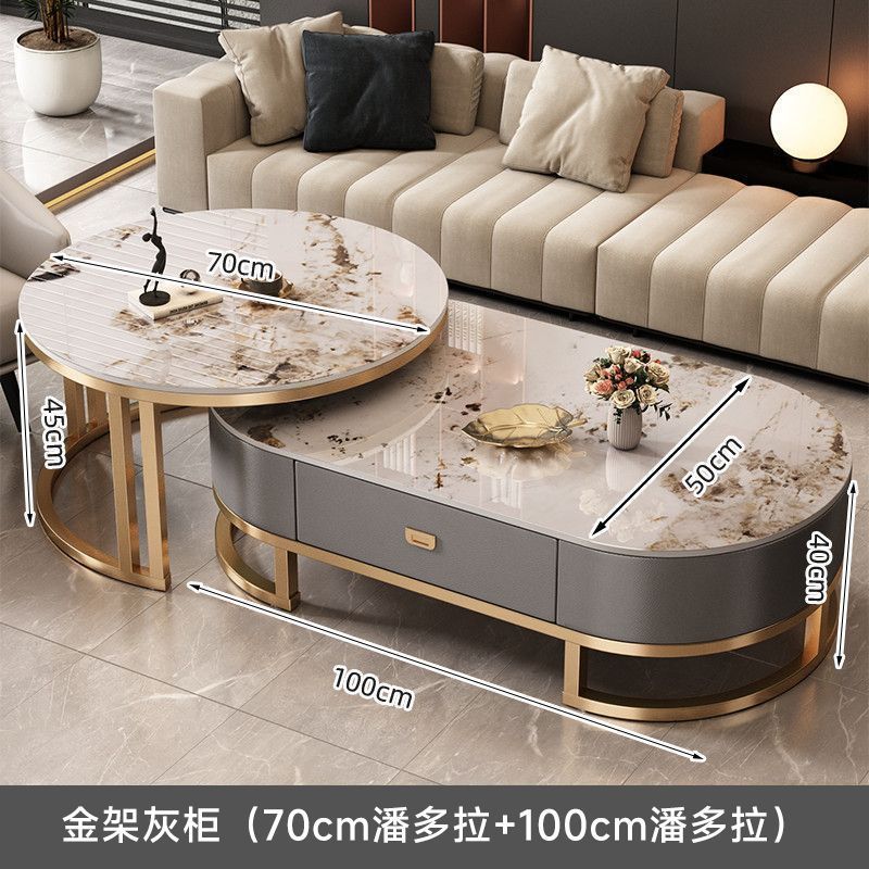 Italian light luxury oval glass coffee table living room home tea table high-end marble combination coffee table set