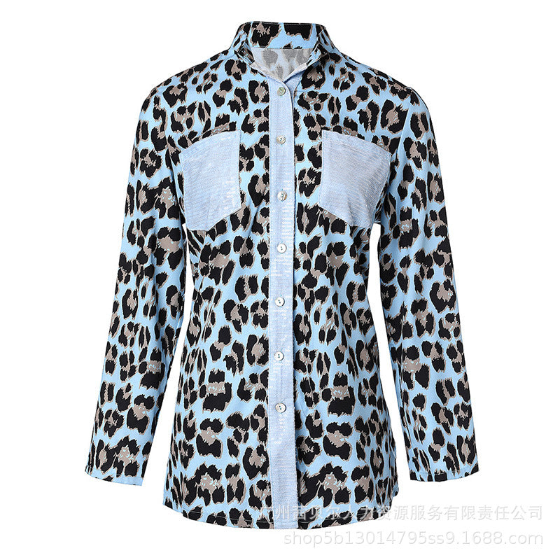 Spot  2022 European and American women's clothing full of leopard print color matching long-sleeved shirts