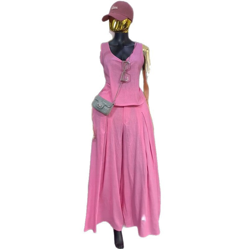 European and american women's clothing  autumn new sweet and fresh u-neck sleeveless blouse high-waisted wide-leg pants fashion casual set