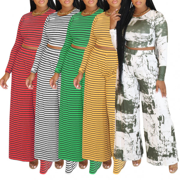 AL286  Independent Station European and American Women's Stripe Printing Set Long Sleeve T-Shirt Two-piece Set Autumn and Winter