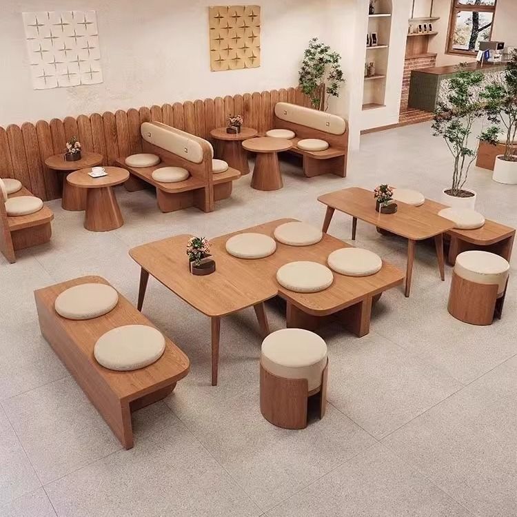 Card seat sofa milk tea shop table and chair combination cafe retro dining table commercial catering tea house wall seat
