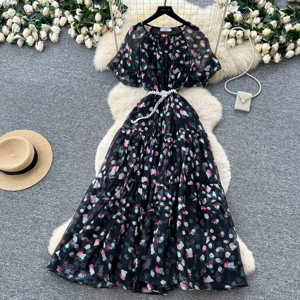 French chic v-neck floral dress - women's summer korean style short sleeve slimming a-line maxi dress - vacation ready