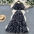 French chic v-neck floral dress - women's summer korean style short sleeve slimming a-line maxi dress - vacation ready