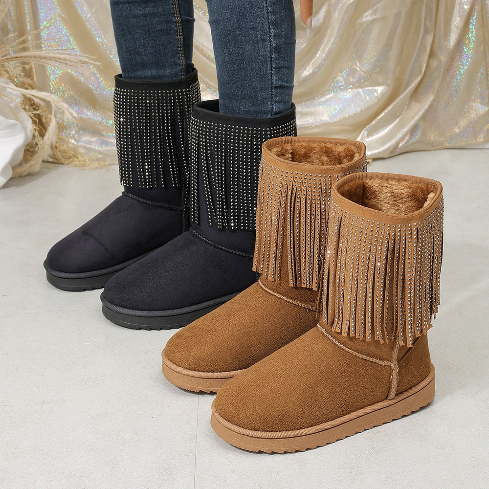 new arrivalplus size round toe tassel mid-calf snow boots women's thick sole sleeve heattechfleece-linedthickened cotton shoes wholesale