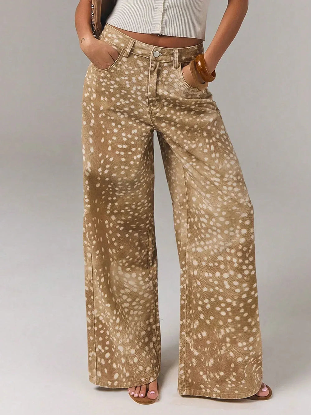 Women's denim pants - deer print, spotted, khaki, high-waisted, wide-leg, floor-length, fall new arrivals