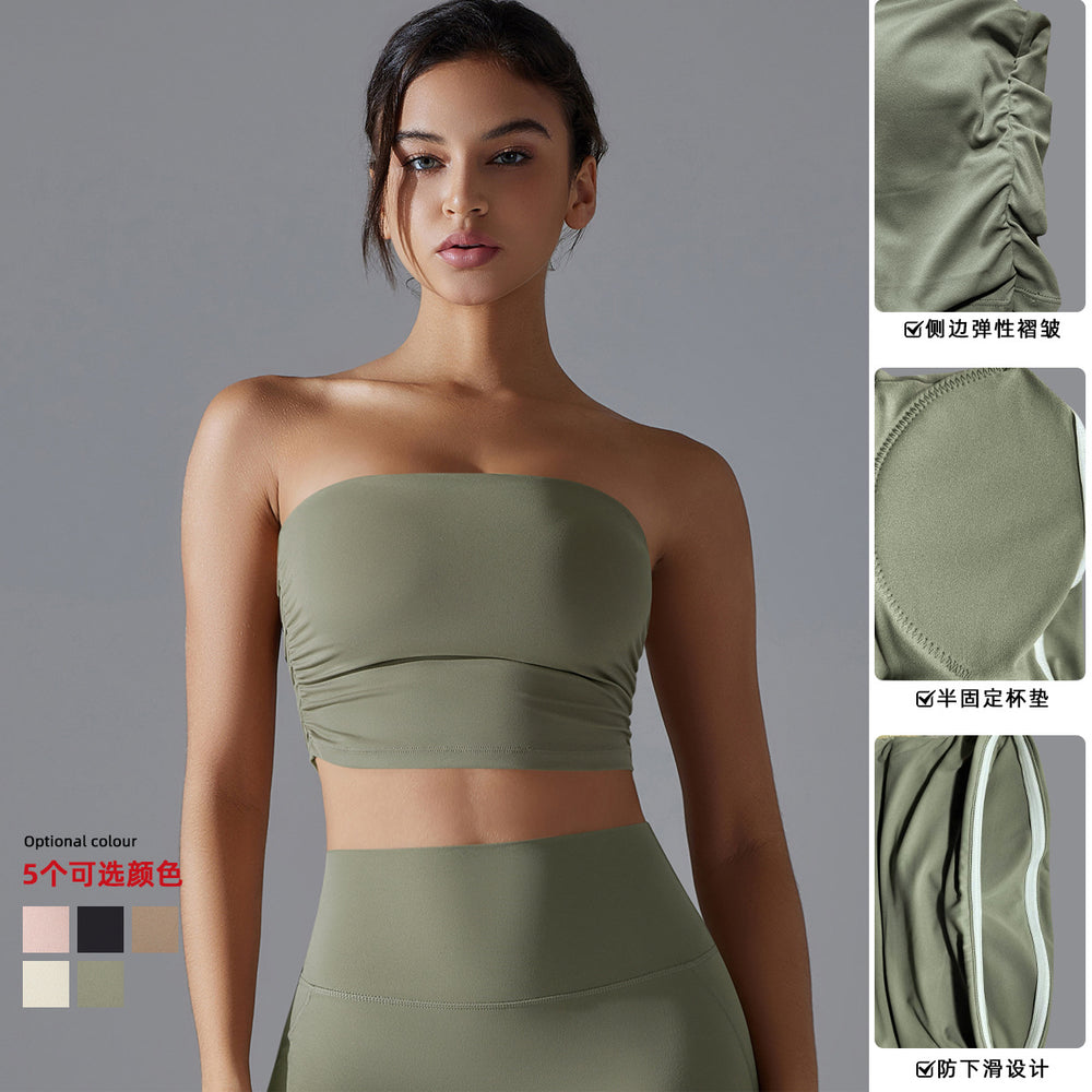 New women's one-piece bandeau sports bra - ruched, anti-exposure, seamless, perfect for running, fitness, and yoga
