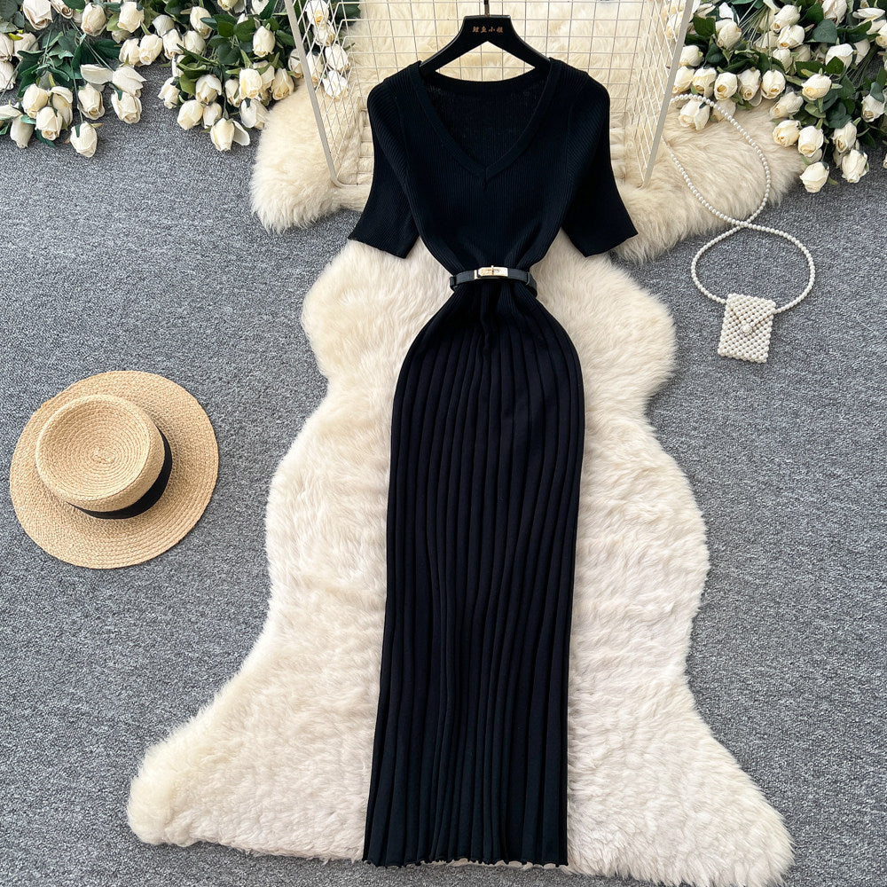 Korean style v-neck knitted dress - women's  summer slim fit bodycon maxi dress - commute-friendly, elegant, and chic
