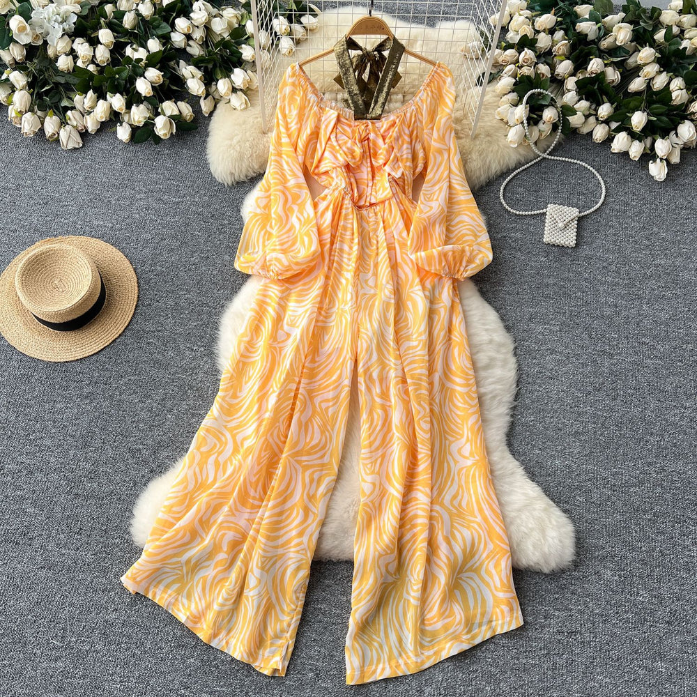 Women's beach pants  new style vacation sexy one shoulder halter lantern long sleeves high waist wide leg printing jumpsuit