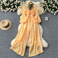 Women's beach pants  new style vacation sexy one shoulder halter lantern long sleeves high waist wide leg printing jumpsuit