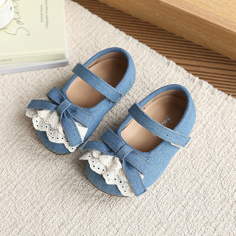 Girls' korean style leather shoes - new spring/autumn collection - bow accent, fashionable princess shoes for toddlers and young children, velcro closure, loafers