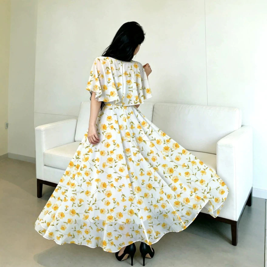new european and american style white dress with yellow floral print, v-neck, double-layer flutter sleeves, a-line silhouette, and chiffon fabric