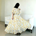new european and american style white dress with yellow floral print, v-neck, double-layer flutter sleeves, a-line silhouette, and chiffon fabric