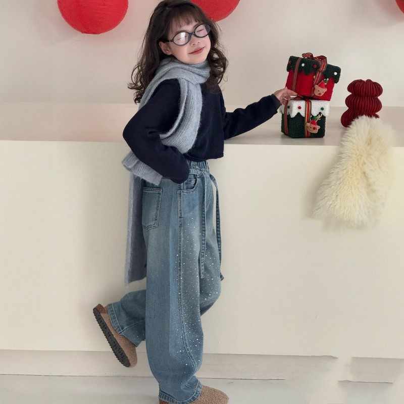 Girls' rhinestone embellished denim pants - spring  new collection - kids' wide-leg cropped jeans - sparkly pants for girls (big kids) - spring apparel