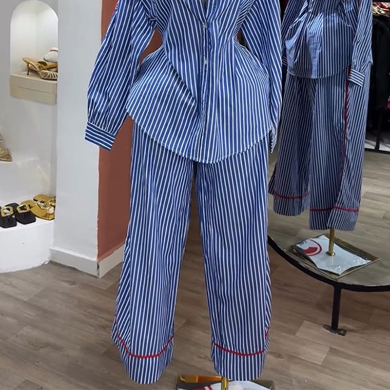 European and american cross-border women's fashion:  autumn new collection - stylish lapel blue striped shirt and wide-leg pants casual set