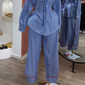 European and american cross-border women's fashion:  autumn new collection - stylish lapel blue striped shirt and wide-leg pants casual set