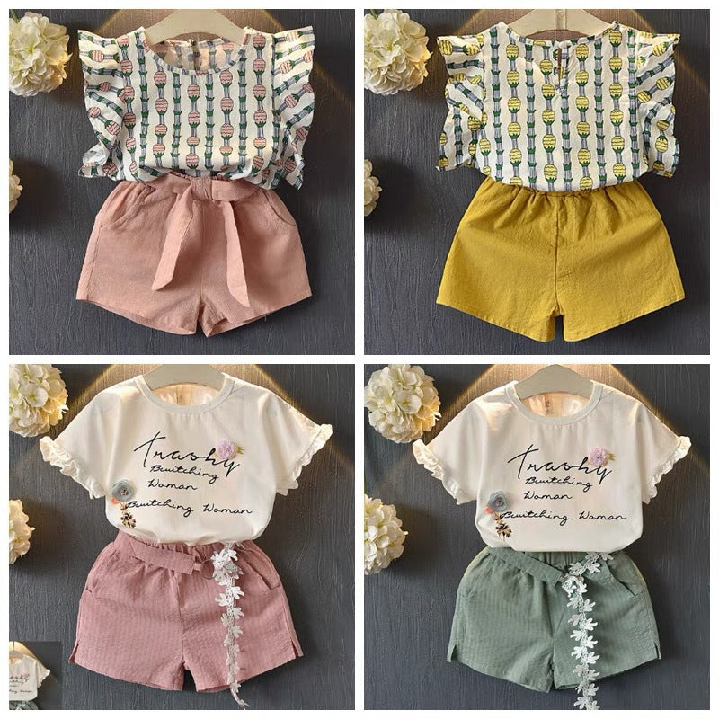 Girls' fashionable and stylish outfit set -  summer korean style short sleeve and shorts cute children's two-piece set - wholesale supply