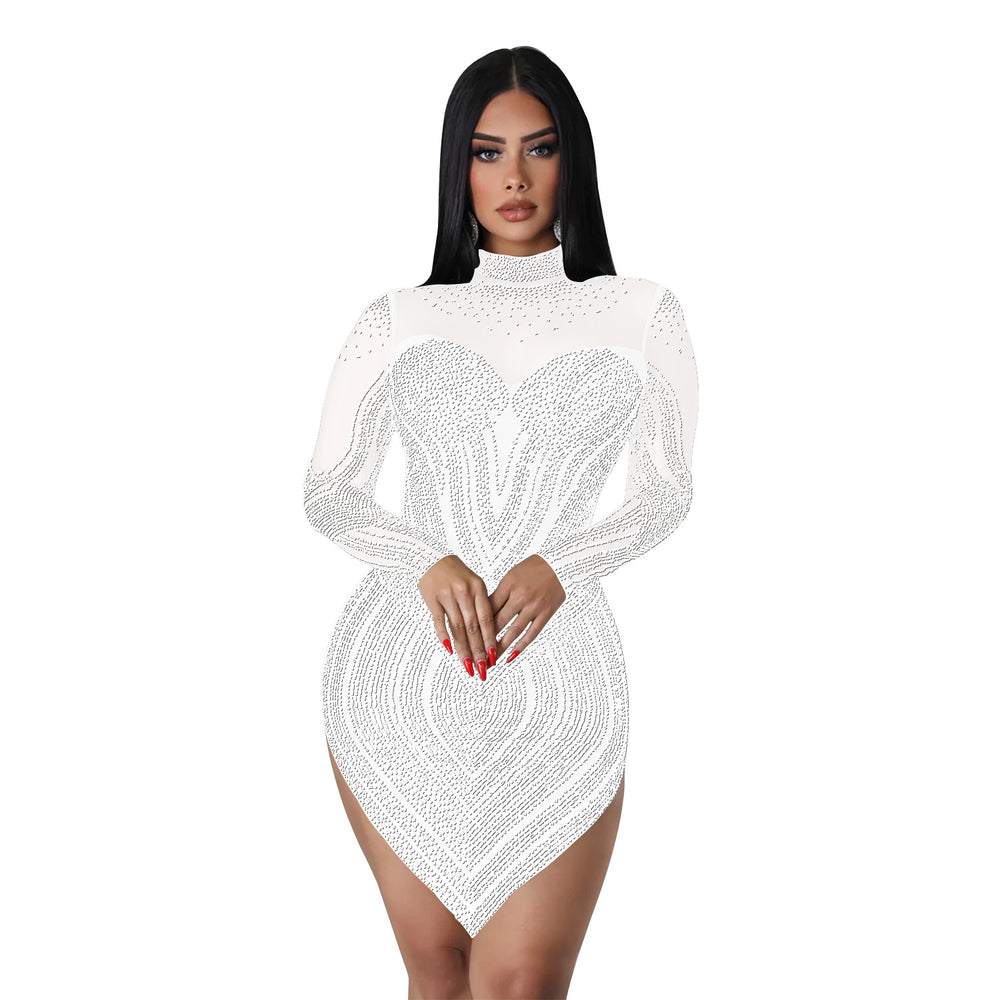 C6371 cross-border   fashion women's solid color mesh rhinestone long sleeve mini dress