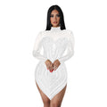 C6371 cross-border   fashion women's solid color mesh rhinestone long sleeve mini dress