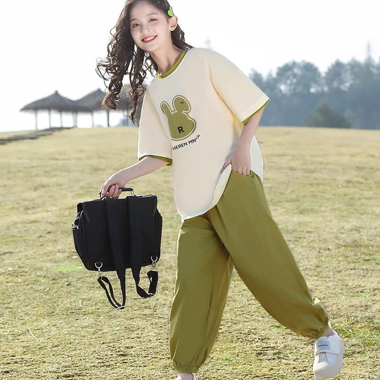 Girls' summer outfit  new short-sleeve t-shirt, middle-to-large children's summer trendy set, kids' clothing for girls