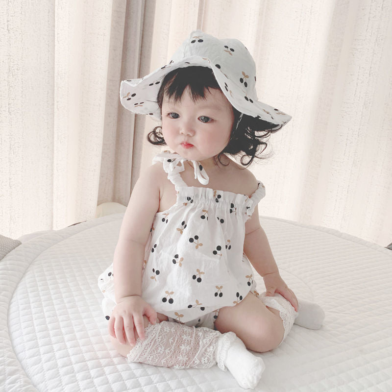 Infant summer sling baby breathable full printed cherry pattern romper pullover hooded pure cotton breathable romper