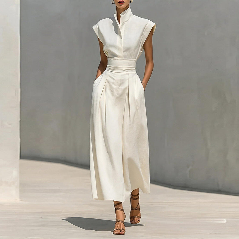 women's summer new arrivals:  cross-border fashion - european & american style, elegant solid color, cinched waist, flutter sleeve dress