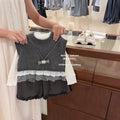 Girls' outfit set  autumn korean style sweet kids lace trim vest dark grey wide leg pants three-piece set