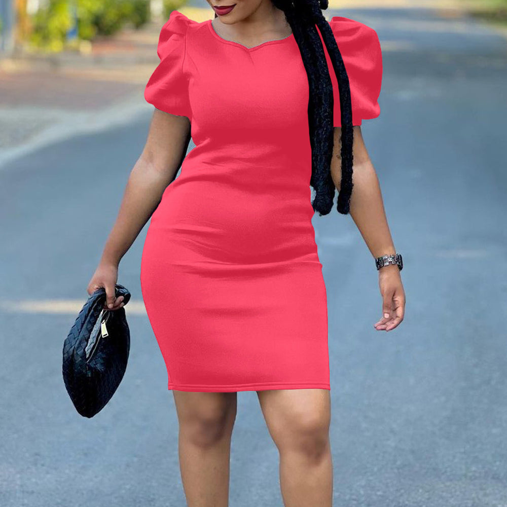 C8525  women's clothing  new bubble sleeve round neck solid color bodycon plus size slimming foreign trade dress