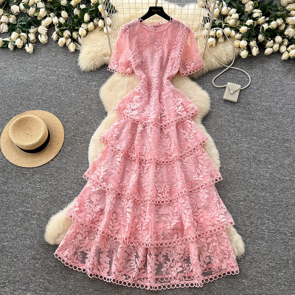 French sweet style pink lace dress women's summer korean high waist cake dress socialite elegant long dress
