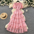 French sweet style pink lace dress women's summer korean high waist cake dress socialite elegant long dress