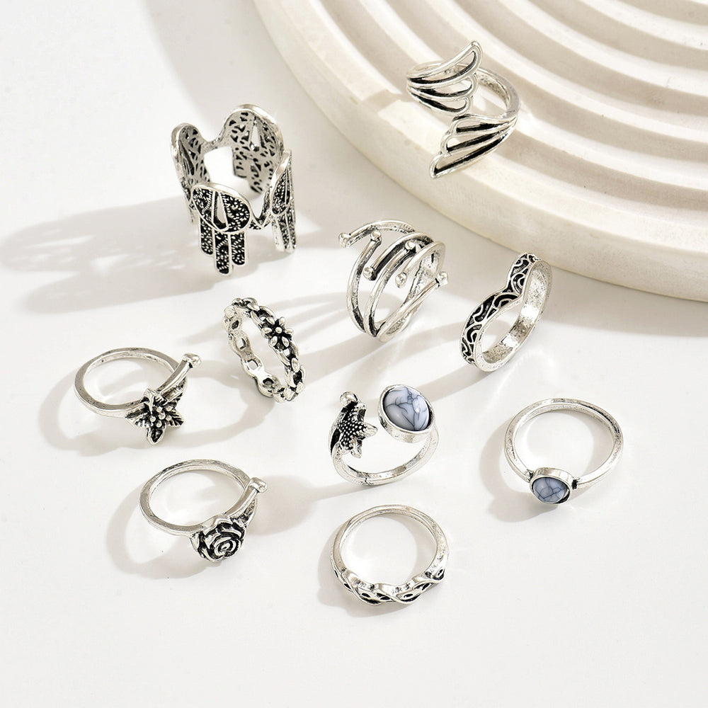 European and american cross-border fashion light luxury niche floral ring hollow design geometric line 10-piece ring set