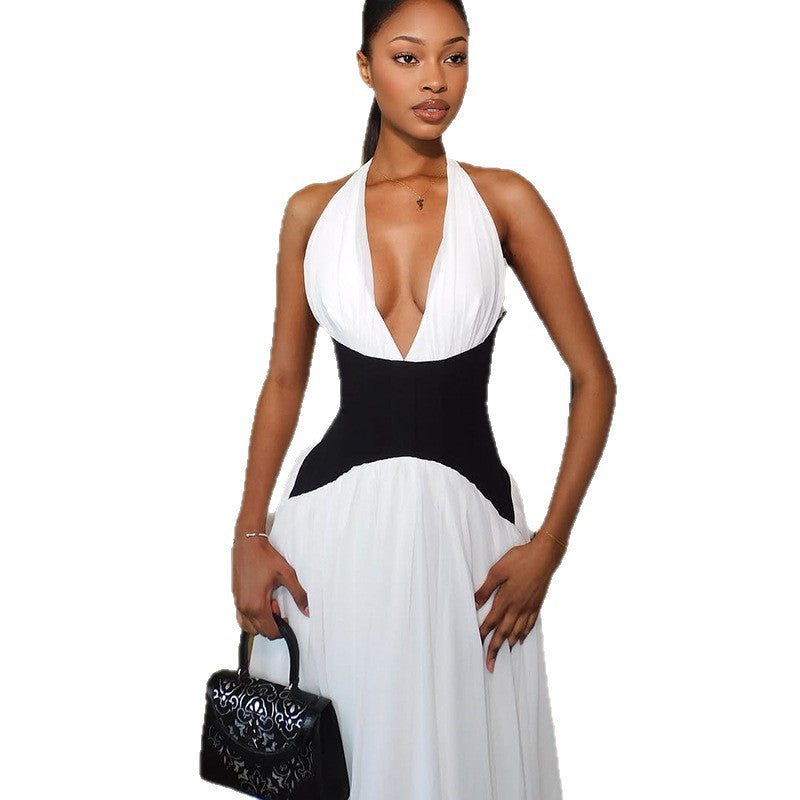 summer new arrivals: european and american style fashionable color block deep v sexy sleeveless halter neck cinched waist maxi dress for women