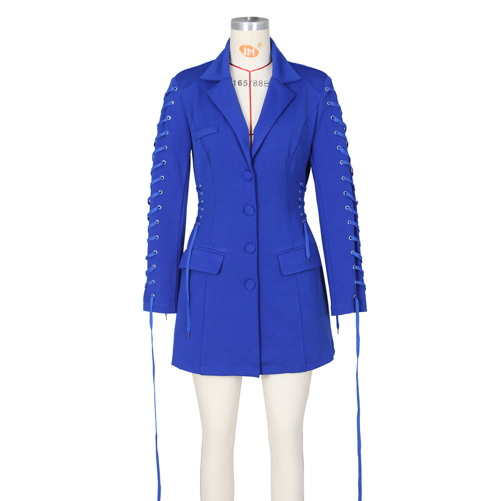 new european and american style women's fashion tie-waist mid-length blazer