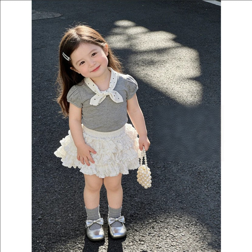 Girls' polka dot bow tie set - new summer style: chic t-shirt & lace tiered skirt, korean princess two-piece outfit