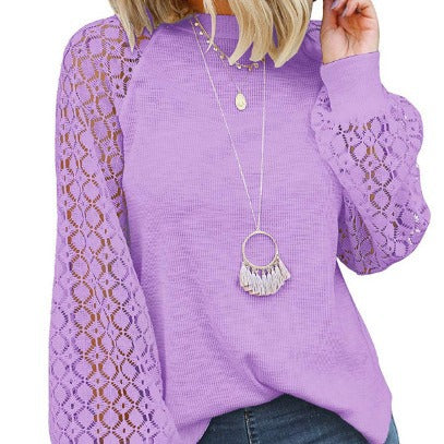 new cross-border  autumn/winter round neck long sleeve lace patchwork loose top for women